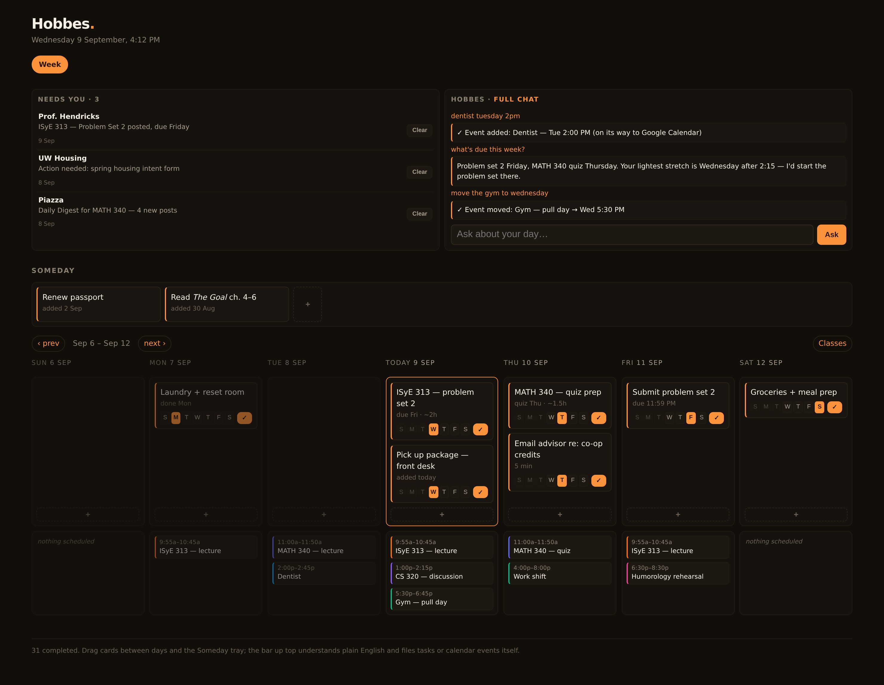 The Hobbes weekly board: mail triage and assistant chat panels on top, a Someday tray, and a seven-day grid of task cards with calendar events under each day