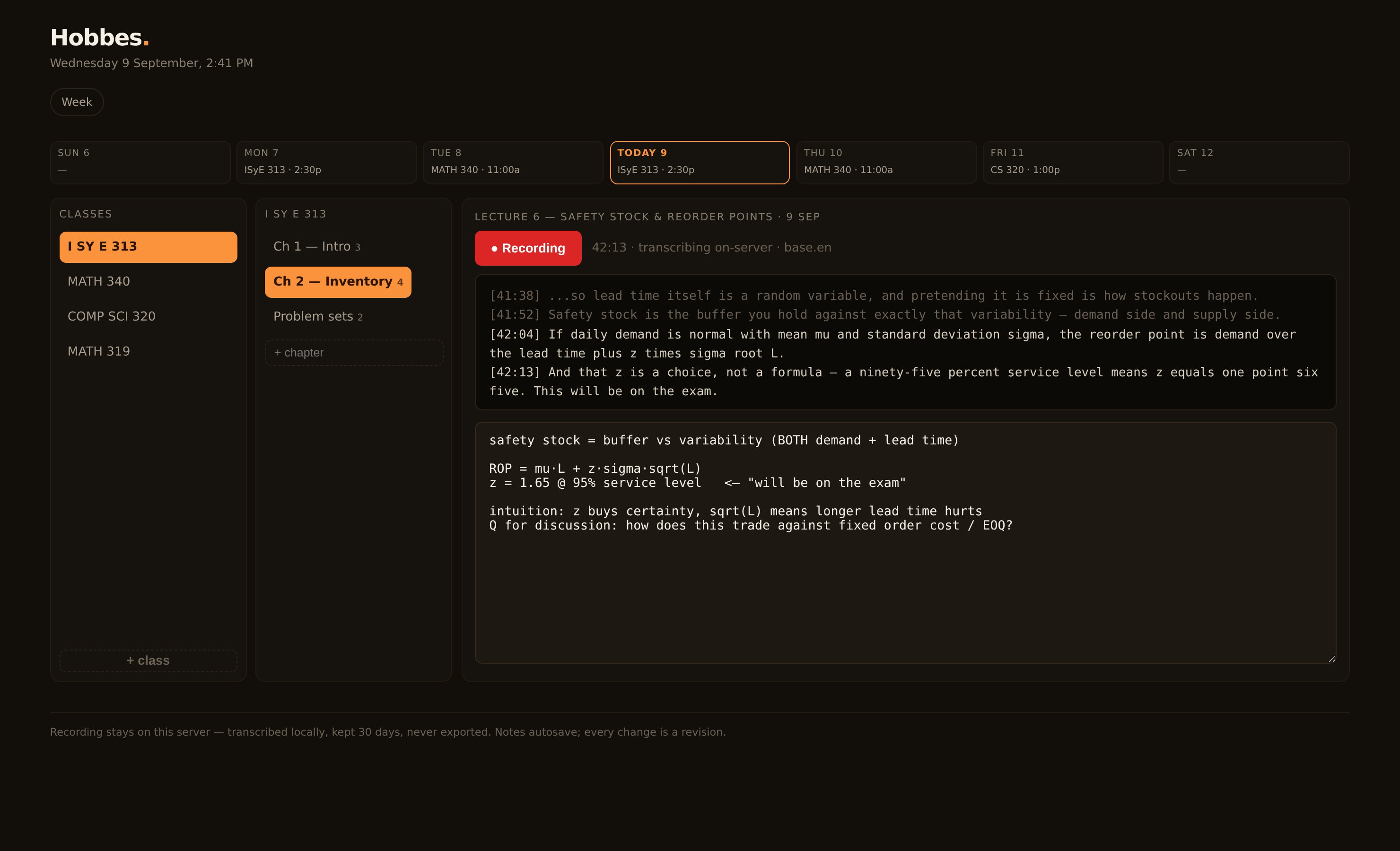 The class notebook: course and chapter columns on the left, an open lecture page with a red recording button, a live transcript pane, and typed notes below